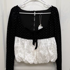 Free People Black and White Embroidered Blouse